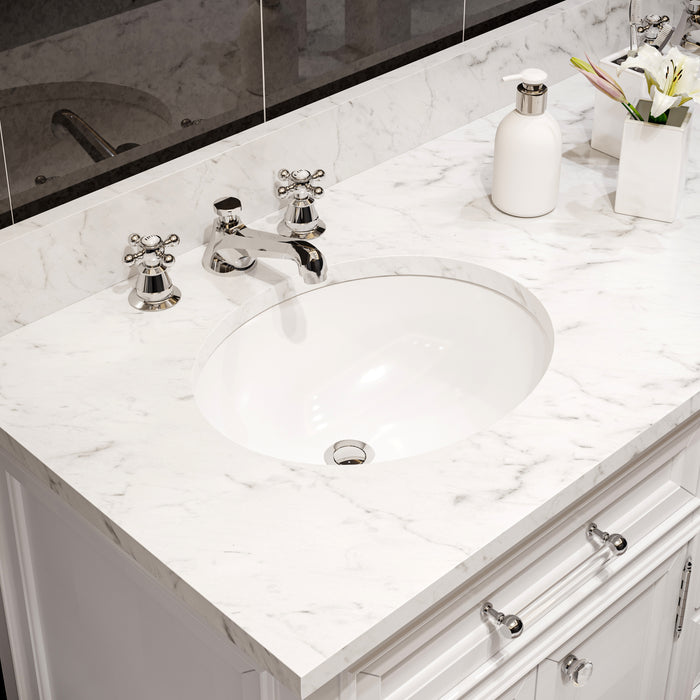 72 Inches Cielo Bathroom Vanity in pure white with double sinks including framed mirrors and faucets.