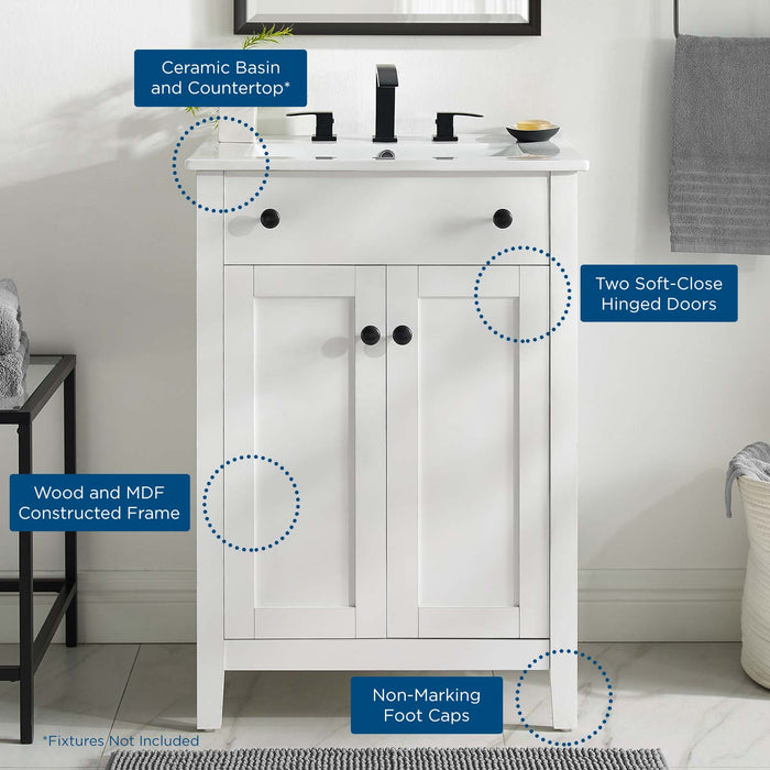 24-Inch Spiro Modern Single Bath Vanity Wood MDF All White Finish with Soft-Close Doors Ceramic Basin