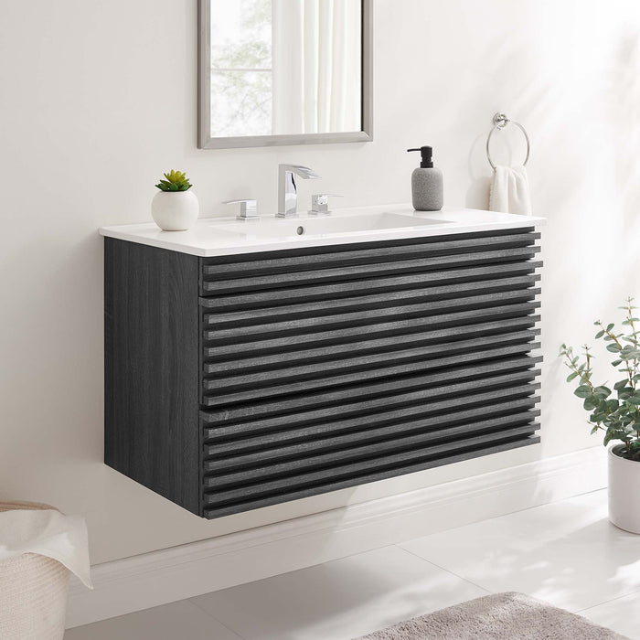 36-Inch Indus Bathroom Vanity – Sleek Wall-Mount with Wood Grain Finish & Space-Saving Design