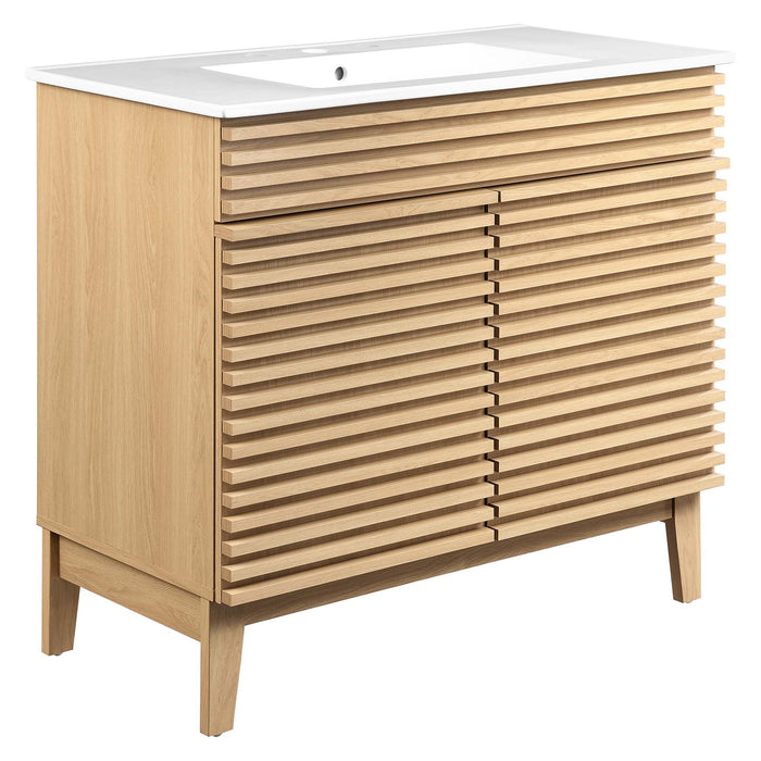 36 Inch Adrian Bathroom Vanity Cabinet – Walnut Look with Slatted Front, Sink Not Included
