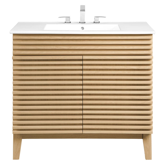 36 Inch Adrian Bathroom Vanity Cabinet – Walnut Look with Slatted Front, Sink Not Included