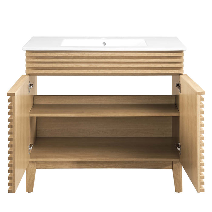 36 Inch Adrian Bathroom Vanity Cabinet – Walnut Look with Slatted Front, Sink Not Included