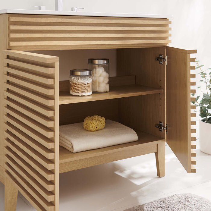 36 Inch Adrian Bathroom Vanity Cabinet – Walnut Look with Slatted Front, Sink Not Included