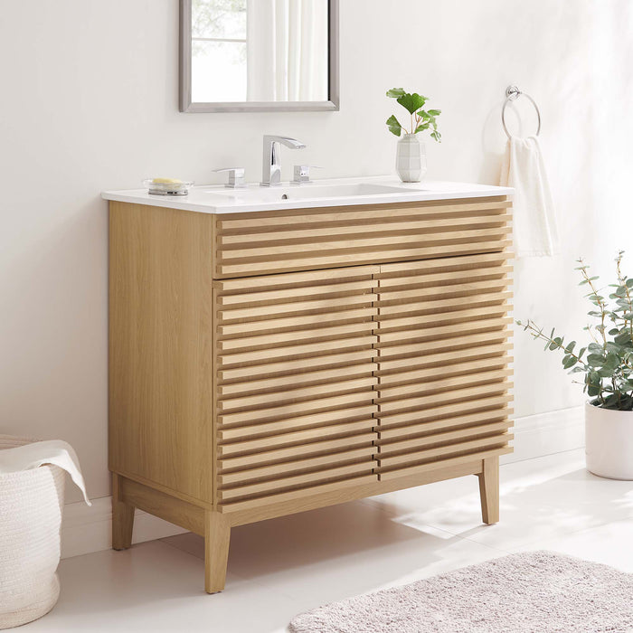 36 Inch Adrian Bathroom Vanity Cabinet – Walnut Look with Slatted Front, Sink Not Included