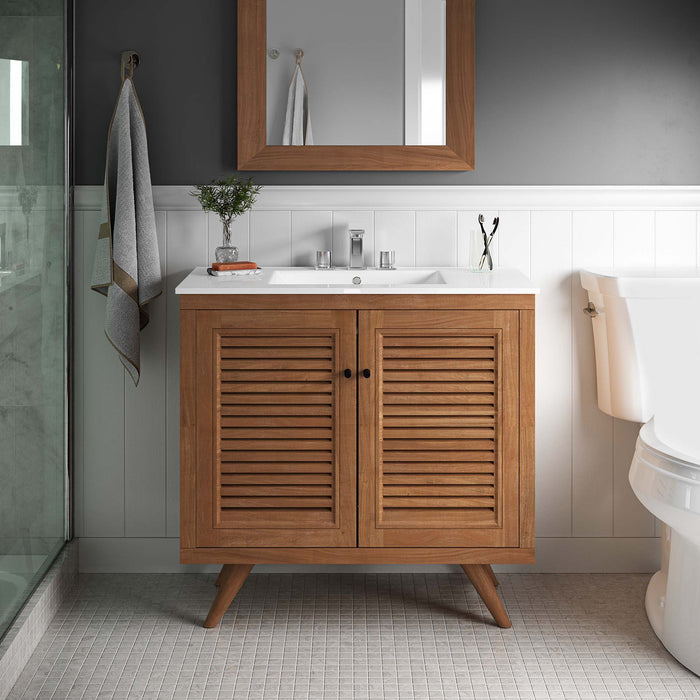 36-Inch Fausta Vanity Cabinet – Minimalist Teak Wood Bathroom Base with Open Shelf with No Sink Included
