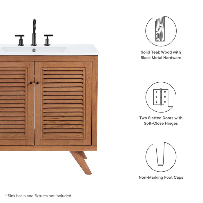 36-Inch Fausta Vanity Cabinet – Minimalist Teak Wood Bathroom Base with Open Shelf with No Sink Included