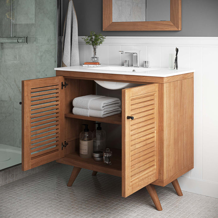 36-Inch Fausta Vanity Cabinet – Minimalist Teak Wood Bathroom Base with Open Shelf with No Sink Included