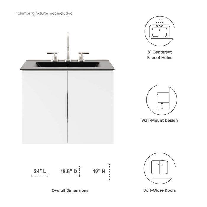 24-Inch Jevin Modern White Wall-Mount Bathroom Vanity Clean-Lined Style with Ceramic Basin and Soft-Close Doors