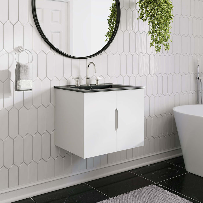 24-Inch Jevin Modern White Wall-Mount Bathroom Vanity Clean-Lined Style with Ceramic Basin and Soft-Close Doors