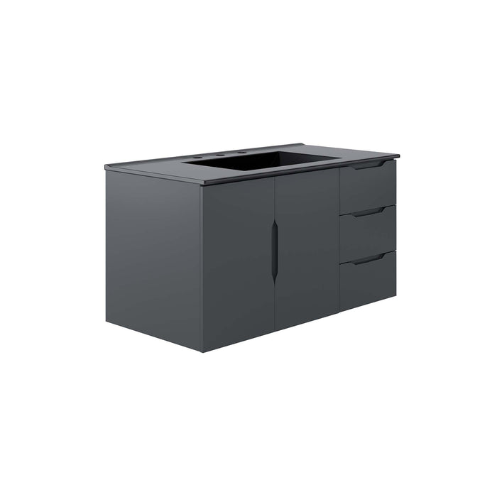 36-Inch Oleg Modern Gray Wall-Mount Bathroom Vanity Clean-Lined Style with Black Ceramic Basin and Spacious Drawers