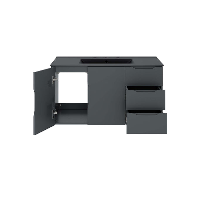 36-Inch Oleg Modern Gray Wall-Mount Bathroom Vanity Clean-Lined Style with Black Ceramic Basin and Spacious Drawers
