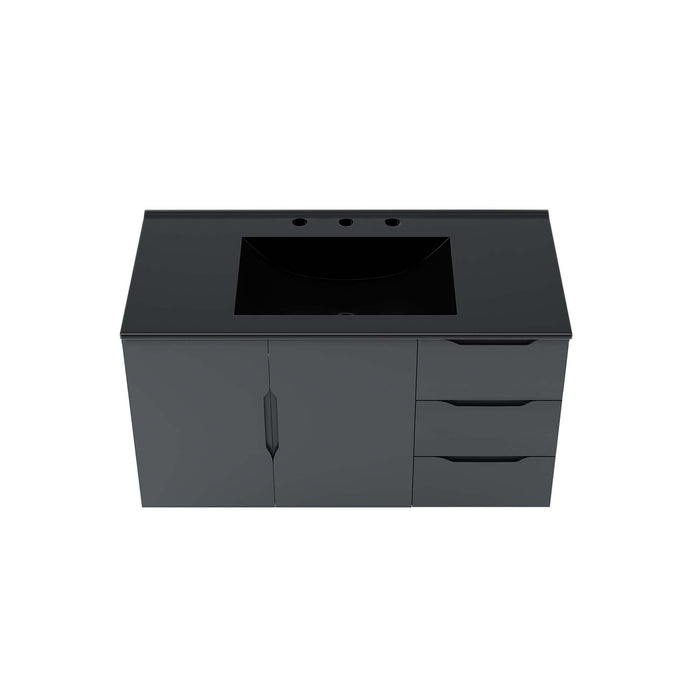 36-Inch Oleg Modern Gray Wall-Mount Bathroom Vanity Clean-Lined Style with Black Ceramic Basin and Spacious Drawers