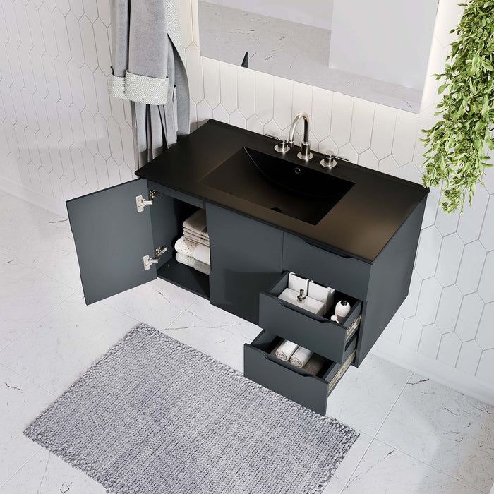 36-Inch Oleg Modern Gray Wall-Mount Bathroom Vanity Clean-Lined Style with Black Ceramic Basin and Spacious Drawers