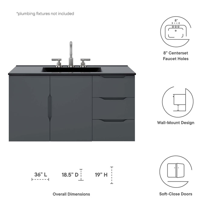 36-Inch Oleg Modern Gray Wall-Mount Bathroom Vanity Clean-Lined Style with Black Ceramic Basin and Spacious Drawers