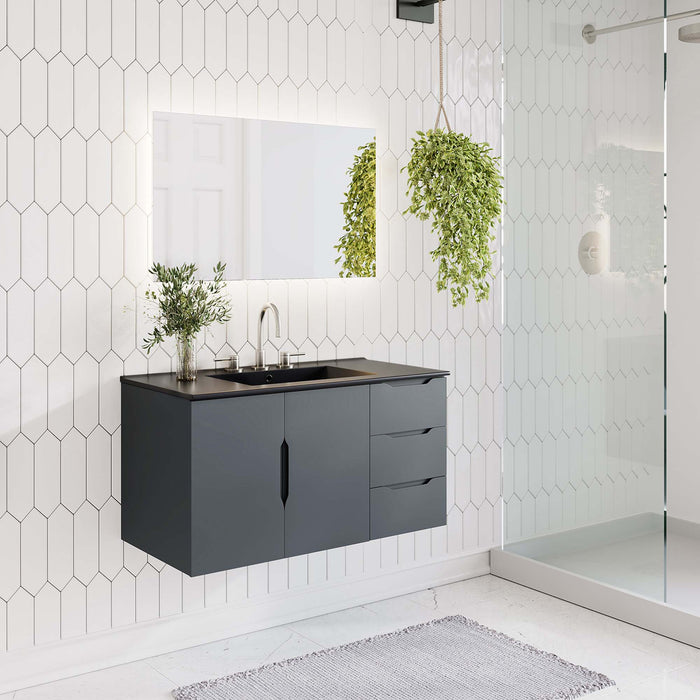 36-Inch Oleg Modern Gray Wall-Mount Bathroom Vanity Clean-Lined Style with Black Ceramic Basin and Spacious Drawers