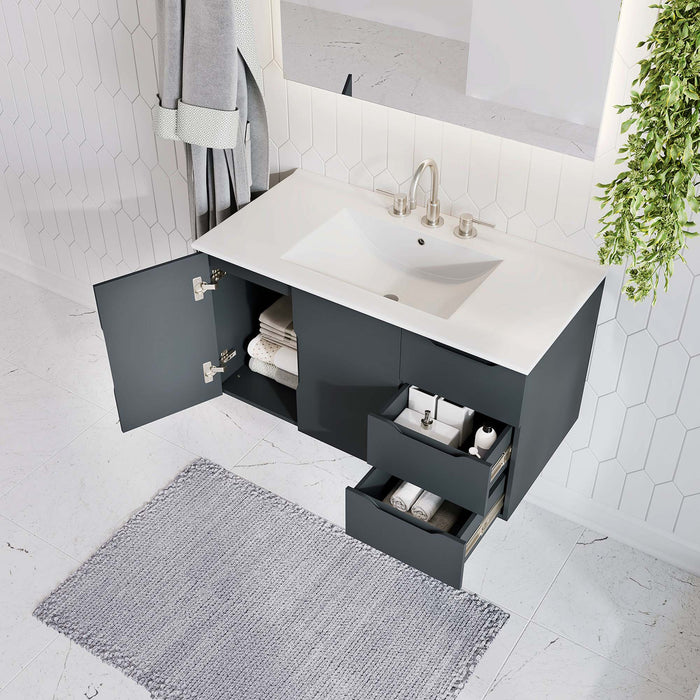36-Inch Alyona Large Gray Wall-Mount Bathroom Vanity Modern Design with White Integrated Countertop and Soft-Close Storage