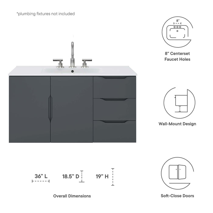 36-Inch Alyona Large Gray Wall-Mount Bathroom Vanity Modern Design with White Integrated Countertop and Soft-Close Storage