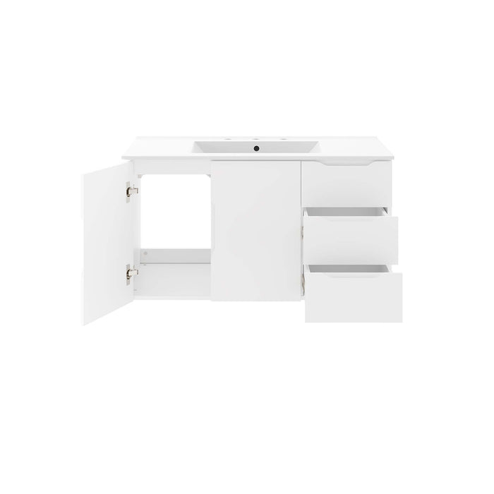 36 Inch Rimma White Melamine Wall-Mount Bathroom Vanity with White Countertop and Dual Drawer Storage