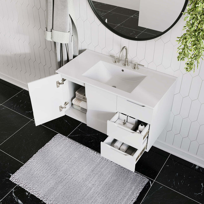 36 Inch Rimma White Melamine Wall-Mount Bathroom Vanity with White Countertop and Dual Drawer Storage