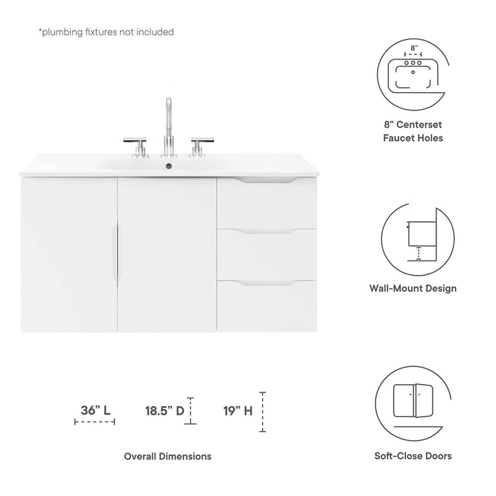 36 Inch Rimma White Melamine Wall-Mount Bathroom Vanity with White Countertop and Dual Drawer Storage