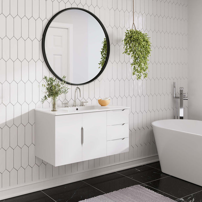 36 Inch Rimma White Melamine Wall-Mount Bathroom Vanity with White Countertop and Dual Drawer Storage