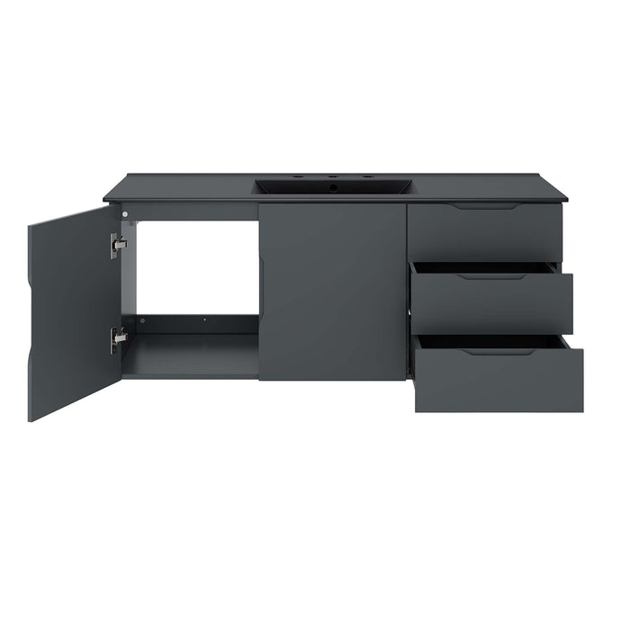 48 Inch Agustus Gray MDF Wall-Mount Single Sink Bathroom Vanity with Black Integrated Countertop and Soft-Close Drawers