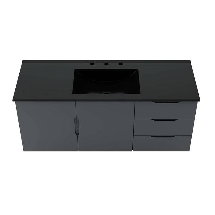 48 Inch Agustus Gray MDF Wall-Mount Single Sink Bathroom Vanity with Black Integrated Countertop and Soft-Close Drawers