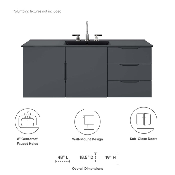48 Inch Agustus Gray MDF Wall-Mount Single Sink Bathroom Vanity with Black Integrated Countertop and Soft-Close Drawers