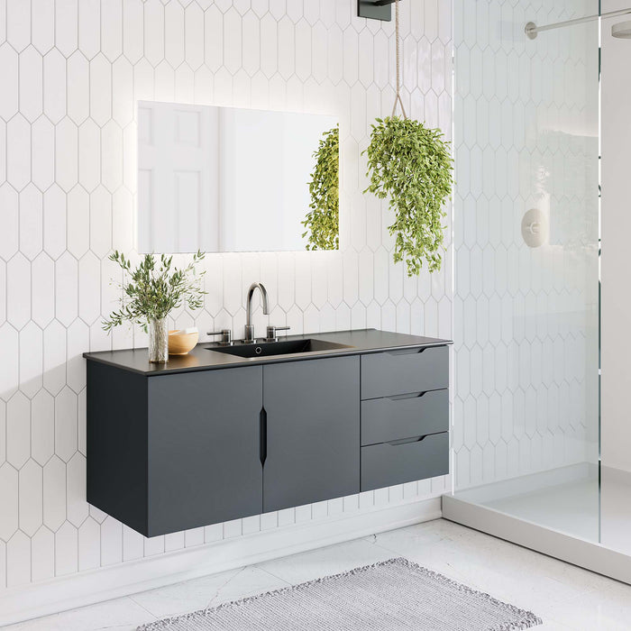 48 Inch Agustus Gray MDF Wall-Mount Single Sink Bathroom Vanity with Black Integrated Countertop and Soft-Close Drawers