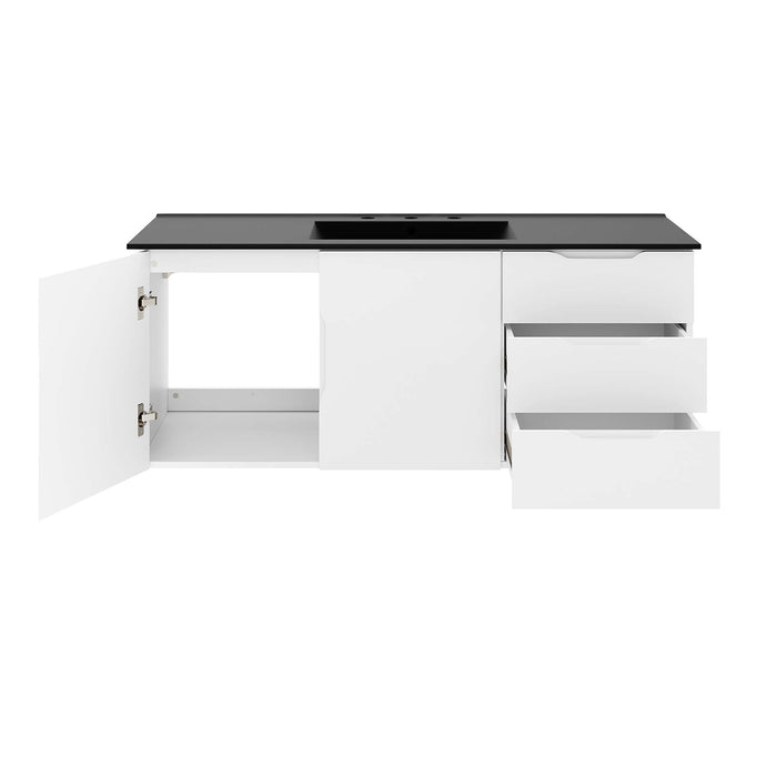 48-Inch Gallo White MDF Wall-Mount Single Sink Bathroom Vanity with Black Integrated Countertop and Soft-Close Drawers