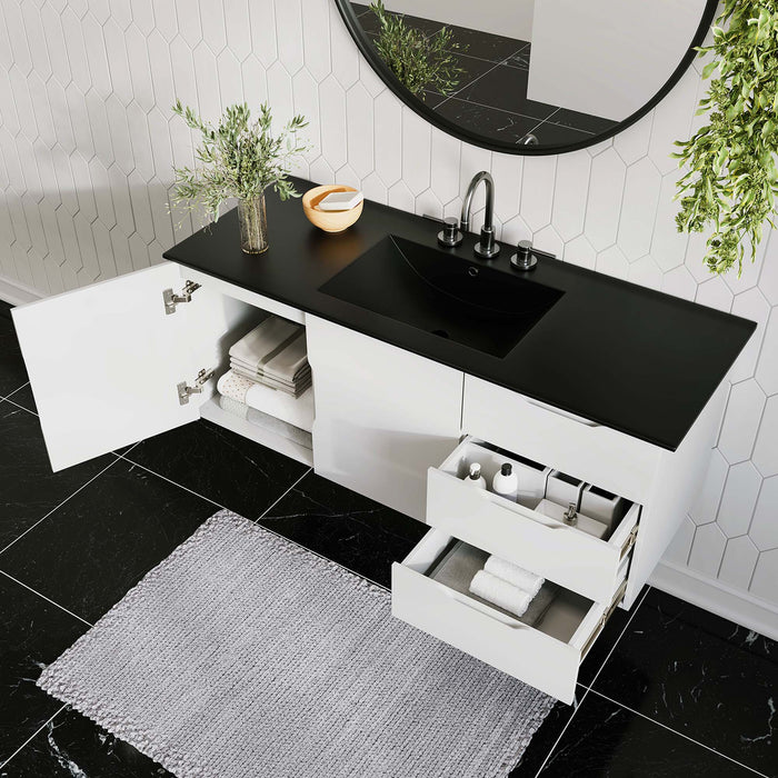 48-Inch Gallo White MDF Wall-Mount Single Sink Bathroom Vanity with Black Integrated Countertop and Soft-Close Drawers