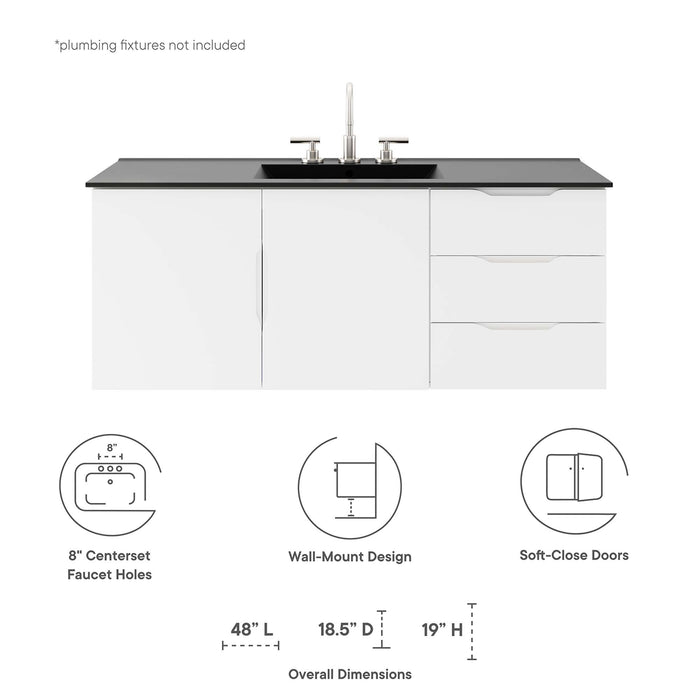 48-Inch Gallo White MDF Wall-Mount Single Sink Bathroom Vanity with Black Integrated Countertop and Soft-Close Drawers