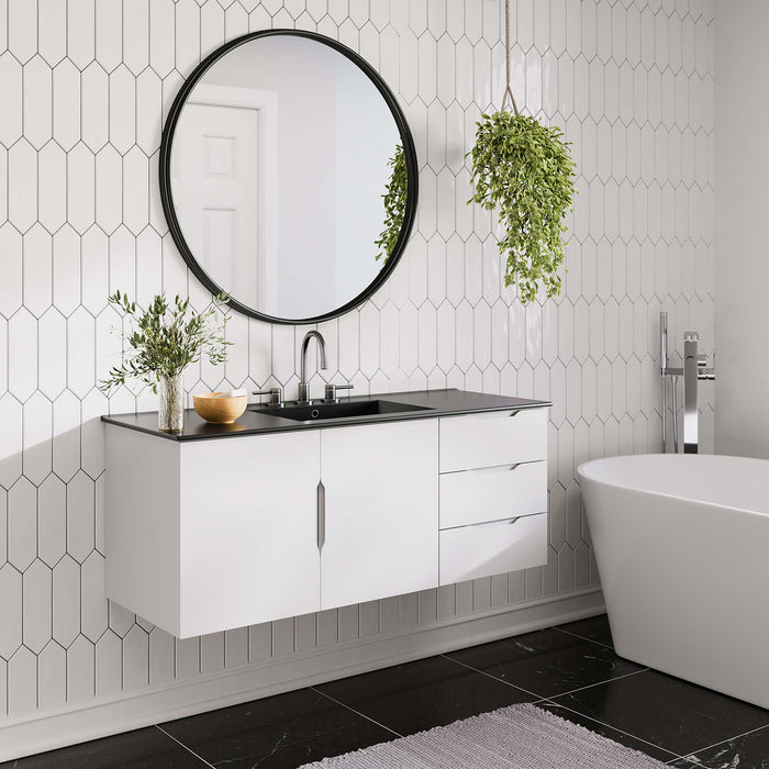 48-Inch Gallo White MDF Wall-Mount Single Sink Bathroom Vanity with Black Integrated Countertop and Soft-Close Drawers