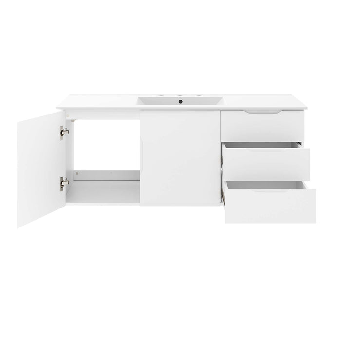 48-Inch All White Wall-Mount Single Sink Elia Bathroom Vanity Modern Design with White Integrated Countertop and Soft-Close Storage