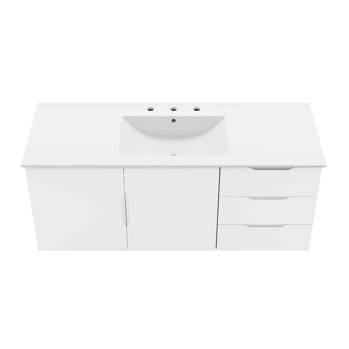48-Inch All White Wall-Mount Single Sink Elia Bathroom Vanity Modern Design with White Integrated Countertop and Soft-Close Storage