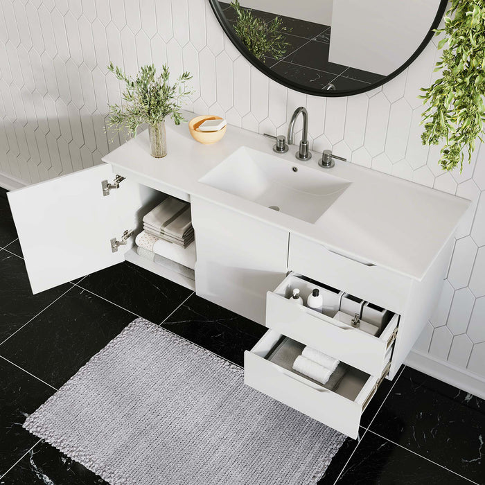 48-Inch All White Wall-Mount Single Sink Elia Bathroom Vanity Modern Design with White Integrated Countertop and Soft-Close Storage
