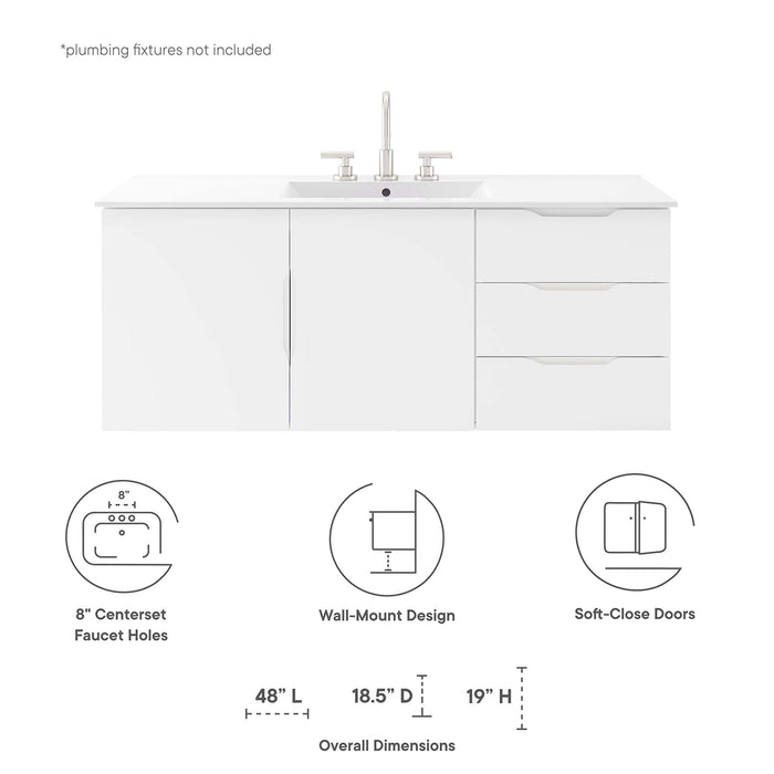 48-Inch All White Wall-Mount Single Sink Elia Bathroom Vanity Modern Design with White Integrated Countertop and Soft-Close Storage