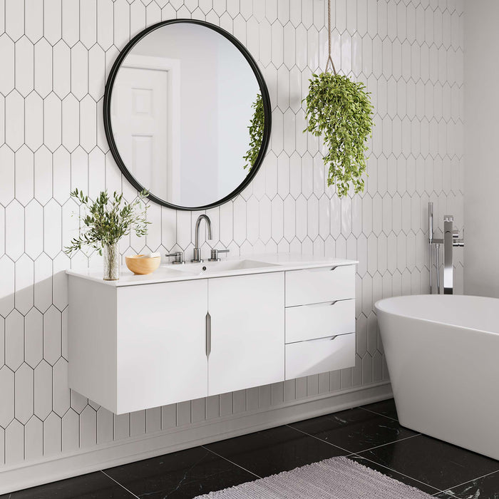 48-Inch All White Wall-Mount Single Sink Elia Bathroom Vanity Modern Design with White Integrated Countertop and Soft-Close Storage