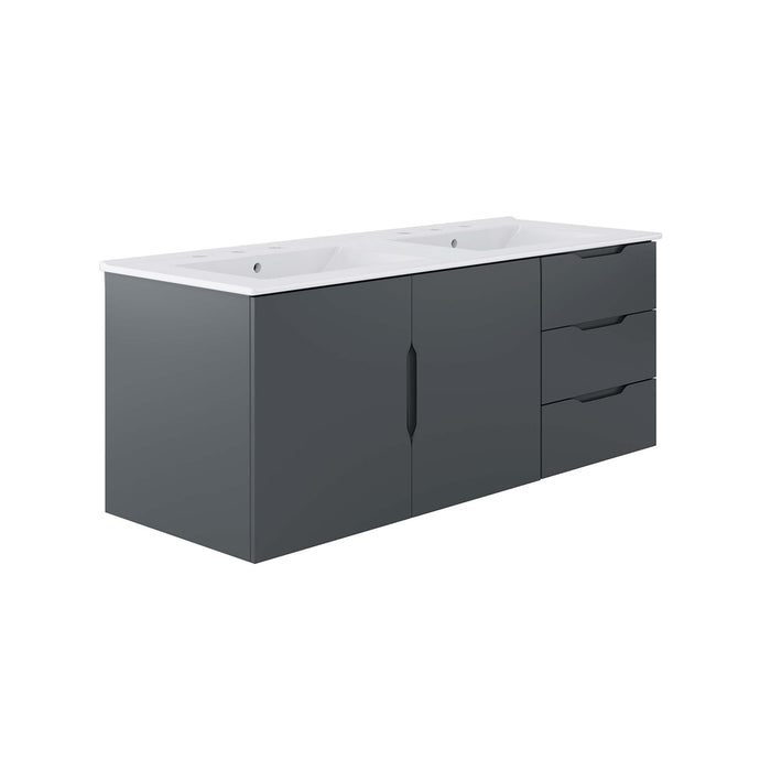 48-Inch Modern Gray Wall-Mount Double Sink Weaving Bathroom Vanity Clean-Lined Style with White Ceramic Basins and Spacious Storage