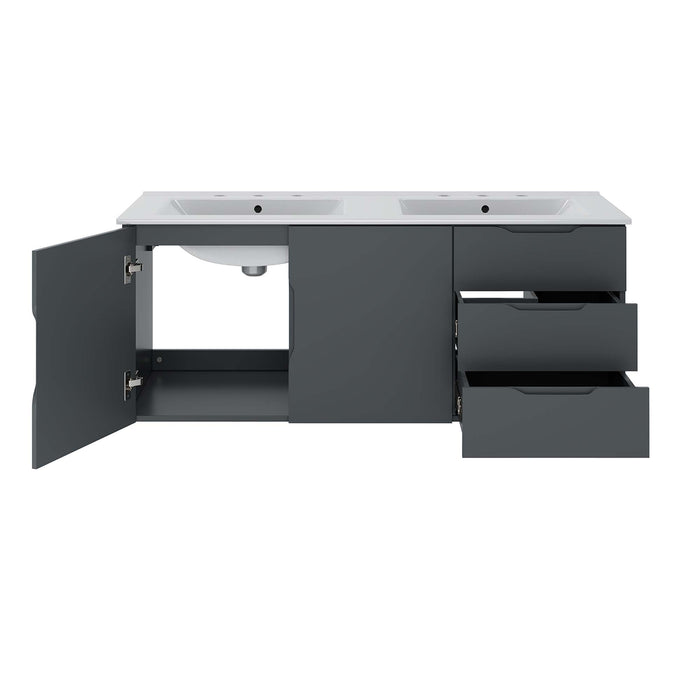 48-Inch Modern Gray Wall-Mount Double Sink Weaving Bathroom Vanity Clean-Lined Style with White Ceramic Basins and Spacious Storage