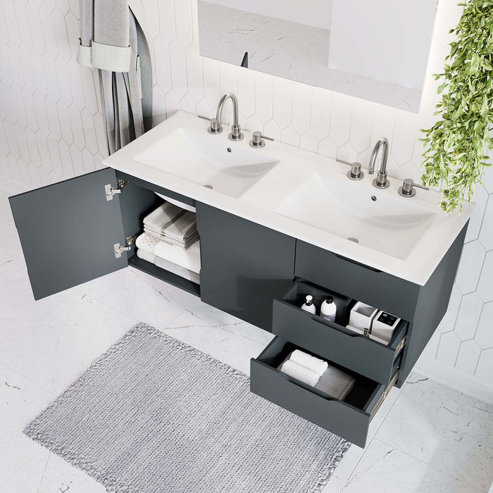 48-Inch Modern Gray Wall-Mount Double Sink Weaving Bathroom Vanity Clean-Lined Style with White Ceramic Basins and Spacious Storage