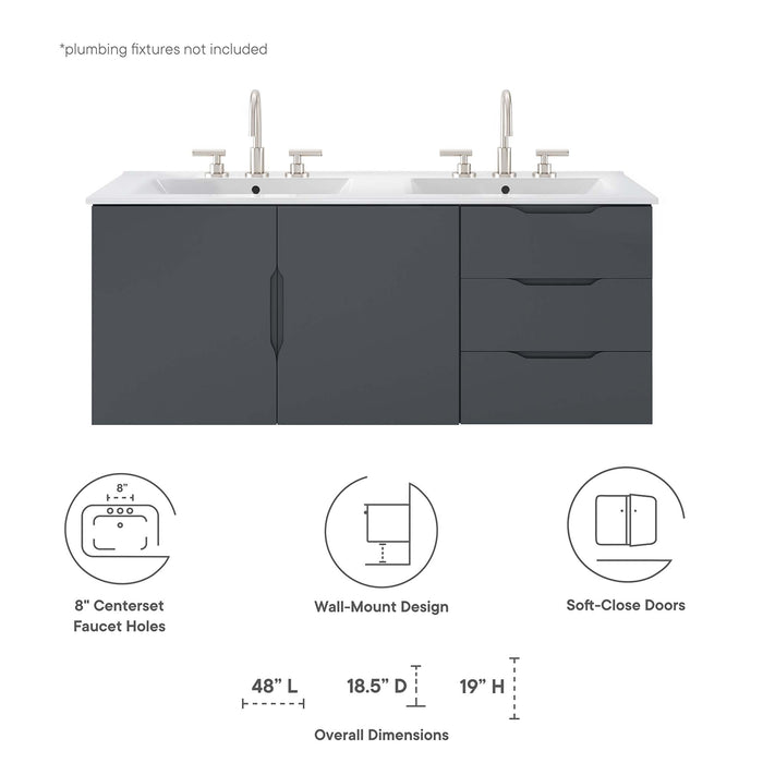 48-Inch Modern Gray Wall-Mount Double Sink Weaving Bathroom Vanity Clean-Lined Style with White Ceramic Basins and Spacious Storage