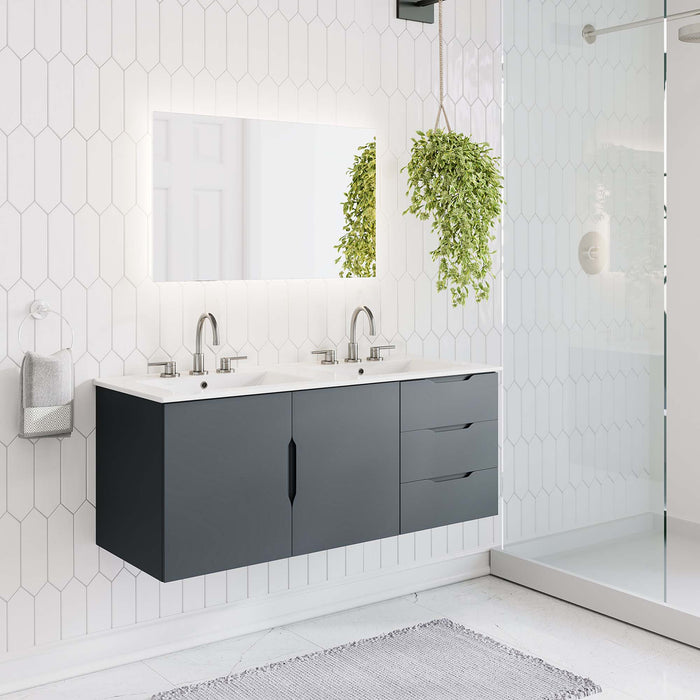 48-Inch Modern Gray Wall-Mount Double Sink Weaving Bathroom Vanity Clean-Lined Style with White Ceramic Basins and Spacious Storage