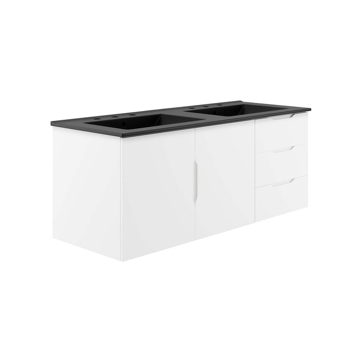 48-Inch Crawford White MDF Wall-Mount Double Sink Bathroom Vanity with Black Integrated Countertop and Soft-Close Drawers