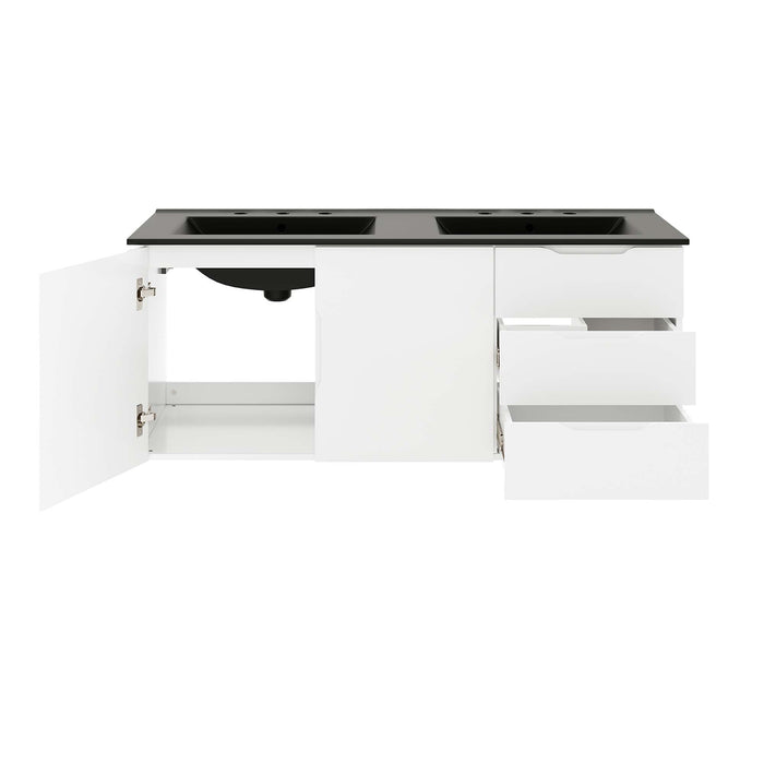 48-Inch Crawford White MDF Wall-Mount Double Sink Bathroom Vanity with Black Integrated Countertop and Soft-Close Drawers