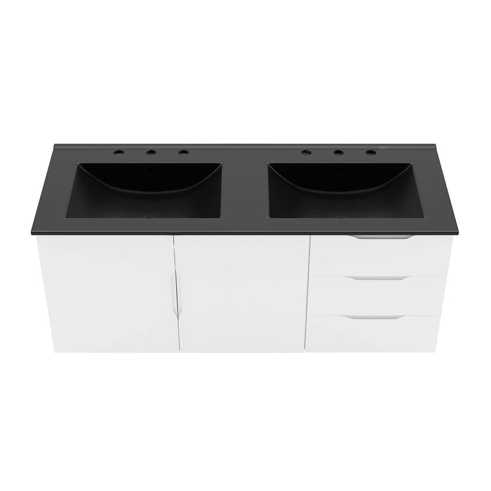 48-Inch Crawford White MDF Wall-Mount Double Sink Bathroom Vanity with Black Integrated Countertop and Soft-Close Drawers