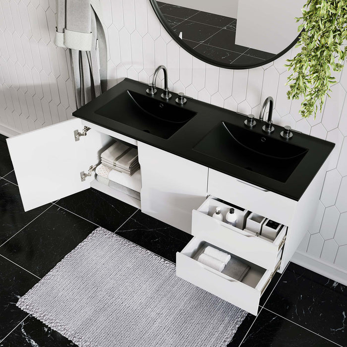48-Inch Crawford White MDF Wall-Mount Double Sink Bathroom Vanity with Black Integrated Countertop and Soft-Close Drawers