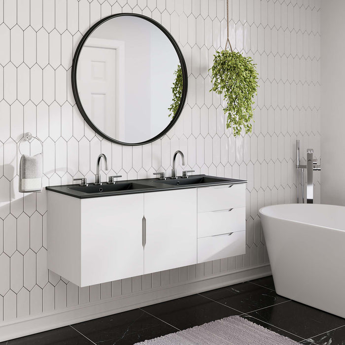 48-Inch Crawford White MDF Wall-Mount Double Sink Bathroom Vanity with Black Integrated Countertop and Soft-Close Drawers