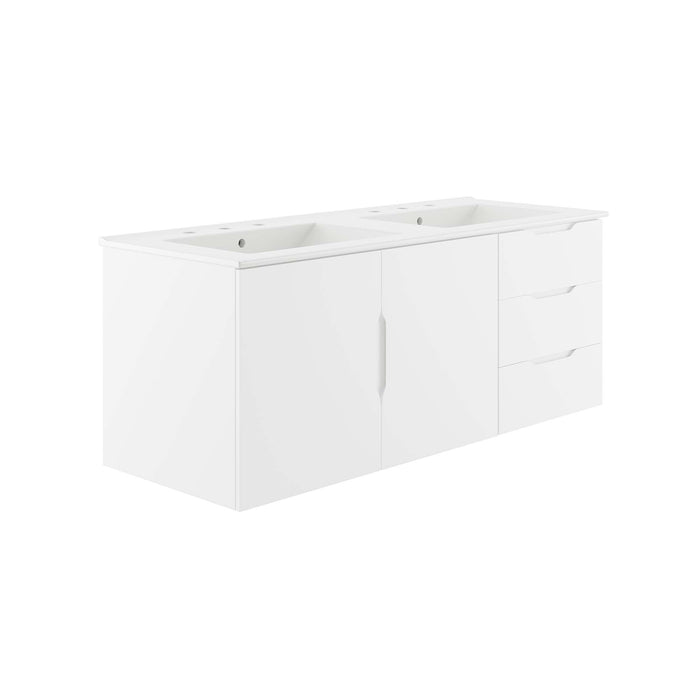 48-Inch Jericho Large All White Melamine Wall-Mount Double Sink Bathroom Vanity with White Countertop and Dual Drawer Storage