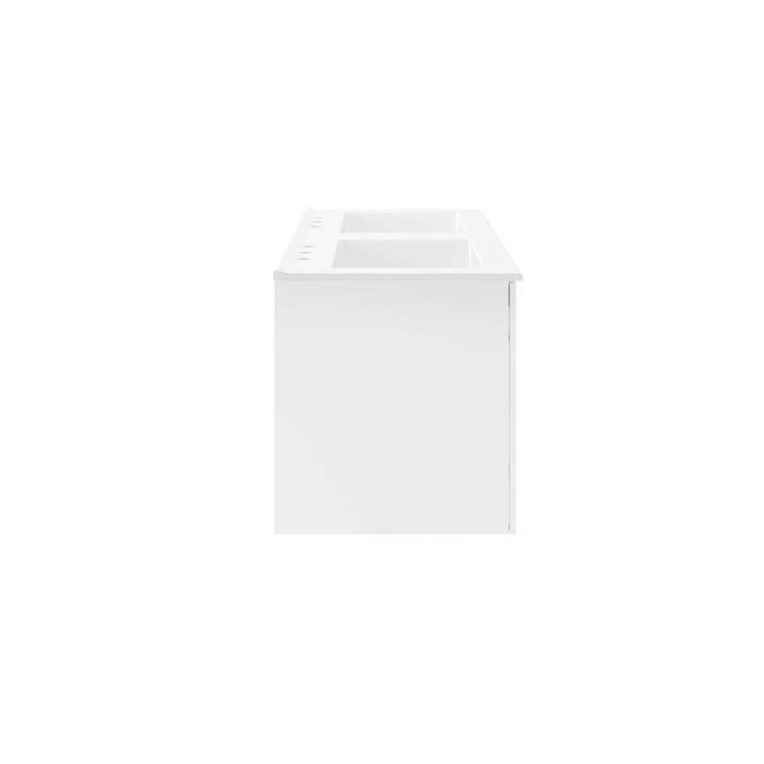 48-Inch Jericho Large All White Melamine Wall-Mount Double Sink Bathroom Vanity with White Countertop and Dual Drawer Storage